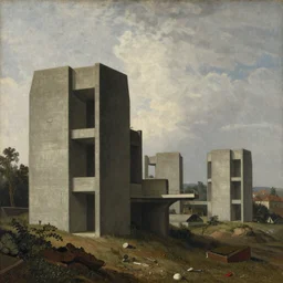 classical landscape paintings of brutalist concrete structures, by eugene von guerard