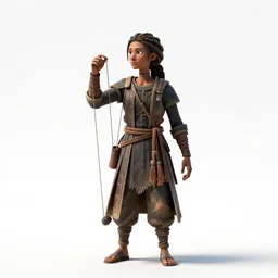 braided-hair puppeteer with marionette, high detail digital art, full body, standing, isolated on a pure white background, centered, whole figure in frame, sharp focus, studio lighting