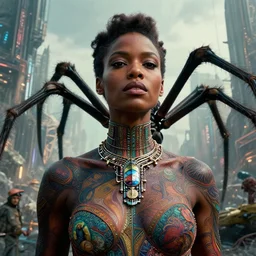 realistic detailed closeup portrait movie shot of a beautiful black woman on a giant spider, dystopian city landscape background by denis villeneuve, amano, yves tanguy, alphonse mucha, ernst haeckel, edward robert hughes, roger dean, cyber necklace, rich moody colours, sci fi patterns, wide angle