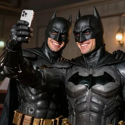 Photography, A Batman taking a selfie with A Robo cop, big smile