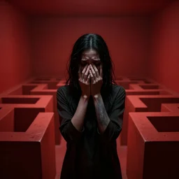 a dark mind in a nightmare is aware of betrayal sadness and despondency of a schizophrenia in a red maze room 8K resolution