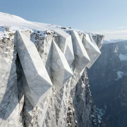 flying buttresses made out of glitening white marble, hanging over the edge of geometric iceland cliffs, digital art