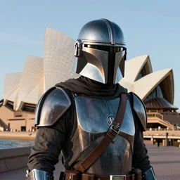 (((Mandalorian))), by the Sydney Opera House, cinematic, hyper realism, high detail, vivid colors, octane render, unreal engine, 8k, Smooth gradients, High contrast, depth of field by Jacek Yerka