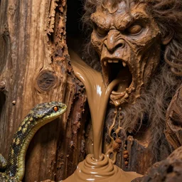 Seeping through the cracks in the wood, the thick fluid piping from the giant's mouth is a color like no other. Clay-colored and liquid, it flows between the cracks at an alarming rate. Stricken with awe, the frizzy-haired viper stares up into the giant's face.