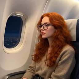 elegant redhead woman with big round glasses in first class flight, looking out the plane window, night sky, comfy, 4 k, detailed