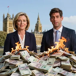 Liz truss and Rishi sunak at parliament burning piles of money. Daily Telegraph.