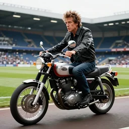 bob dylan riding his motorcycle playing with his guitar in the fullham football club stadium, 4 k, high detail