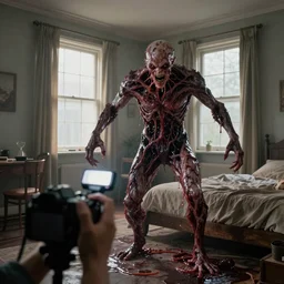 a long shot photograph with camera flash of a male demonic creature made of slimy oozy meat and veins inside a bedroom with a bed, a chair and a table with windows with curtains attacking the pov, photorrealistic, render octane, concept art, film, dslr