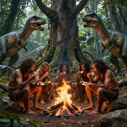 photo, neanderthal people eating sushi, surrounded by dinosaurs, gigantic forest trees, sitting on rocks, bonfire