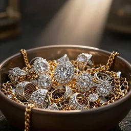 a bowl full of jewellery, rings, diamonds, gold chains,