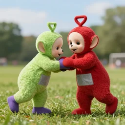 Teletubbies wrestling in an open field. Combat sports photography. 8k, 4k, artstation high quality, bright lighting