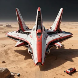 professional photograph of a beautiful neo - futuristic simplified symmetrical mecha spacecraft in desert spaceport by ilm, denis villeneuve, emmanuel shiu, zaha hadid, vapor, cinematic architectural scale, red paint detail, manga, dramatic, volumetric, concept art, hard surface, hyperrealism, high detail, trending on artstation, sharp focus, rendered in octane