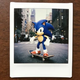 polaroid image of sonic the hedgehog skating in new york city