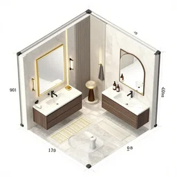 furniture layout drawings of a modern master bathroom golden ratio, designer, architect, 3 d, isometric view,