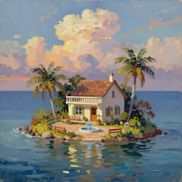 a sea with a tiny island with a cute cozy cottage with a terrace, a paved garden courtyard with benches and a fountain, palm trees, river, sunset, puffy clouds, dramatic and dynamic lighting, thick brush strokes oil impasto painting