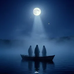 ghosts on boat on the middle of lake, fog, moon rays through the fog, night sky, yellow stars, deep blue mood, by stanley kubrick