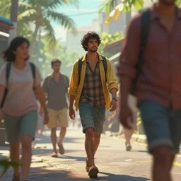 a cinematic extreme close - up of ( ( ( highly intricate people in casual wear walking in the street ) ) ), tropical morning, shallow depth of field, highly detailed, digital painting, trending artstation, concept art, illustration, cinematic lighting, vibrant colors, photorealism, epic, octane render