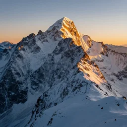 an epic inspiring landscape with sharp - cut snow - capped mountains during the golden - hour, professional shot, award winning