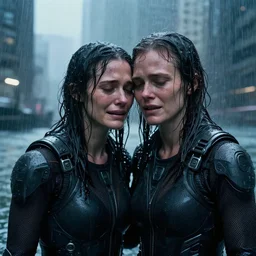 cinestill 5 0 d candid photographic portrait by christopher nolan of two loving female androids sobbing wearing rugged black mesh techwear in treacherous city waters, medium closeup, modern cyberpunk moody emotional cinematic, pouring iridescent rain bright spotlight, 8 k, hd, high resolution, 3 5 mm, f / 3 2, ultra realistic faces, ex machina