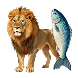 a photo of a mixed animal with lion's head and fish's tail