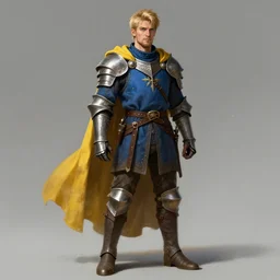 a rugged young knight with blonde hair and blue eyes and a short beard  wearing a blue shirt steel pauldrons and a yellow cape and leather boots concept art by Tony Sart and Greg Rutkowski, realistic, highly detailed, masterpiece, ArtStation