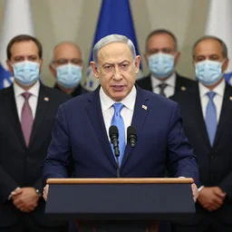 photograph of Benjamin Netanyahu giving a speech with a podium in front of him, suited men with medical masks standing closely behind him, official media, HQ, 4K, news photography