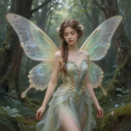 beautiful forest fairy in a scenic woods, sweet, graceful wings muted colors, sharp focus, high fantasy art, fairy aesthetics, intricate, elegant, highly detailed, hyperrealistic painting, artstation, concept art, v painterly, dreamy, soft illumination, hasselbrad photography, illustration, art by artgerm and scot howden