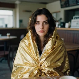 a color photograph, closeup portrait of a woman wrapped in a gold mylar foil blanket, sitting in an abandoned coffee shop, color photograph, by vincent desiderio, canon eos c 3 0 0, ƒ 1. 8, 3 5 mm, 8 k, medium - format print