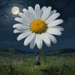 giant daisy flower as a head, girl walking in grass, hills, surreal photography, moon light, dark night, dramatic, impressionist painting, clouds, digital painting, artstation, simon stalenhag