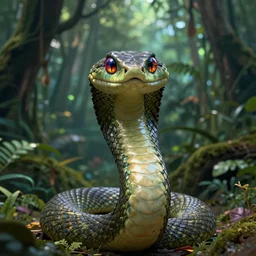 anthropomorphic naga snake, drawnl like a furry art piece, looking directly at the viewer, their eyes a multitude of colors. the background is an endless jungle. snake, naga, furry, digital art, hd