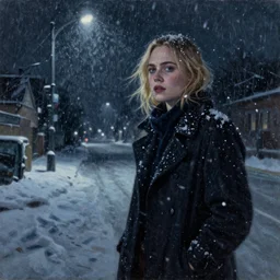 Elle Fanning stalking her prey at night, stormy snowy weather, streetlights, extremely detailed masterpiece, oil on canvas, low-key neon lighting, artstation, Blade Runner 2049, Roger Deakin’s cinematography, by J. C. Leyendecker and Peter Paul Rubens,