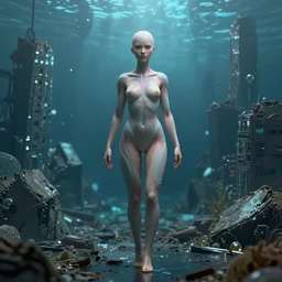 3D render of an single miniature beautiful bioengineered female wearing a bodysuit in front of a gigantic city ruined underwater environment,  omnious , elegant,  reflections, focus, detailed, realistic eyes, horizontal partial symmetry features proportions, intricate facial skin details, award winning, trending in cgsociety artstation deviant art, octane render