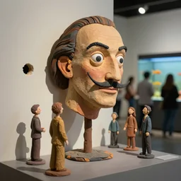plasticine sculpture stop motion model of salvador dali. figures clay. minimal. tilt shift. fish tank. gallery. visitors. photorealistic. john craxton. small hole in wall