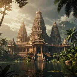 an epic matte painting by weta digital, a massive temple, Theeb palace architecture on a lake in the lush jungle, lofi low contrast dark retro palette, hyper realistic octane render 4k, lens flare, light leaks, golden hour