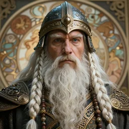 portrait of a 9 0 year old giant shaman with long braids of white hair and beard, piercing eyes, wearing ornate helmet, hyper realistic face, epic, very low angle, fantasy art, in the style of greg rutkowski, intricate, alphonse mucha, hyper detailed, smooth