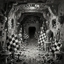 [Underground colony with checkered!! flags, brutalism! and little mushrooms. Propaganda!!! poster!!!!!, intricate, elegant, highly detailed, digital painting, artstation, concept art, matte, sharp focus, illustration, art by Enki Bilal and Moebius]