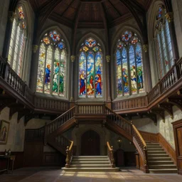 main hall of a castle with dark wood trim and stained glass windows, impossible architecture, with a grand staircase that leads to many balconies, subtle lovecraftian vibes, looking upwards, hyper detailed ethereal, oil painting, colored, detailed, mc escher