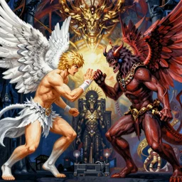 battle between good and evil , battle between angels and demons, psx game graphics ,  Beksinski painting by  and Takato Yamamoto, high resolution, ultra detailed