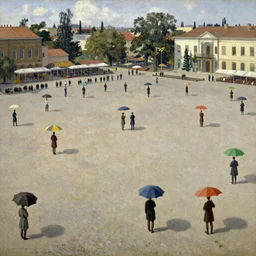 dahomey officials with flat colorful umbrellas in ahomey's huge main square, from above, 1905, highly detailed, oil on canvas, by ilya repin