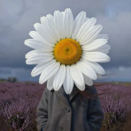 portrait, huge daisy flower head, a girl wearing coat in heather field, surreal photography, wind and cold, dramatic sky, impressionist painting, digital painting, artstation, simon stalenhag