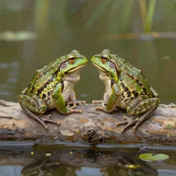 Two frogs sitting next to each other, the frogs are on top of a log, the log is in a pond, oil painting
