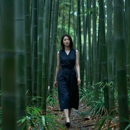 beautiful japanese woman walking through a bamboo forest in the rain, greg rutkowski, drab greens, dark greens