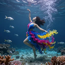woman dancing underwater wearing a flowing dress made of blue, magenta, and yellow seaweed, delicate coral sea bottom, swirling silver fish, swirling smoke shapes, octane render, caustics lighting from above, cinematic