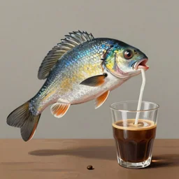 a digital painting of a real fish drinking coffee by a straw, hyperrealism