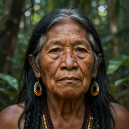 a beautiful close up portrait of an indigenous amazonian elder in the jungle, fantasy art, matte painting, vladimir kush art style, alex grey art style