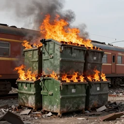 a stack of dumpsters in flames located at the middle of a train wreck trending on artstation 4 k detailed sharp high detail