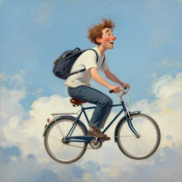 A whimsical painting of a happy man flying in the sky on his bicycle in the clouds, expressive oil painting, digital art