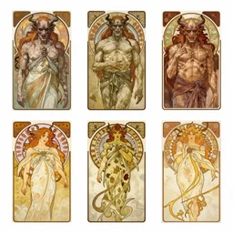Character sheets of brutal and creepy looking demons by Alfons Mucha