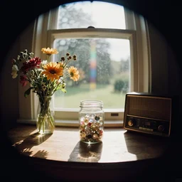 kodak portra 4 0 0, wetplate, extreme fish eye, muted colours, golden summer, moody still life portrait by britt marling of a single jar filled with sparkling jewels, between a sunlit window, warm bright sunlight, flower vase, 1 9 6 0 s radio, colourful godrays shinging through the window, haze, a english park outside, no people