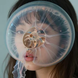 close up swirly portrait of the face of a beautiful princess with translucent nautilus jellyfish, porta 4 0 0, mutes colors of phoebe bridgers standing. beautiful organic, natural light, 8 0 mm